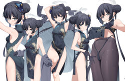 Rule 34 | 1girl, absurdres, armpits, ass, black dress, black hair, black pantyhose, blue archive, blush, breasts, butterfly hair ornament, china dress, chinese clothes, closed mouth, commentary, double bun, doufu (pixiv9093484), dragon print, dress, grey eyes, grey halo, groin, hair between eyes, hair bun, hair ornament, halo, highres, kisaki (blue archive), long hair, multiple views, open mouth, pantyhose, simple background, sleeveless, sleeveless dress, small breasts, twintails, white background