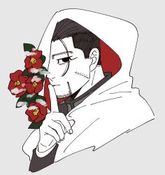 Rule 34 | 1boy, black eyes, black hair, blank eyes, blank stare, cape, collared jacket, cropped torso, facial hair, facial scar, finger to mouth, flower, fuqa, golden kamuy, hair slicked back, highres, hood, hood up, hooded cape, index finger raised, jacket, long sleeves, looking at viewer, male focus, ogata hyakunosuke, red flower, scar, scar on cheek, scar on face, short hair, shushing, sideburns, solo, stubble, undercut