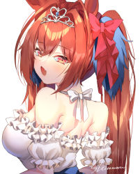 Rule 34 | 1girl, :d, animal ears, antenna hair, bare shoulders, blush, bow, breasts, commentary request, daiwa scarlet (umamusume), fang, frilled shirt, frilled sleeves, frills, from behind, hair bow, hair intakes, highres, horse ears, long hair, looking at viewer, looking back, medium breasts, off-shoulder shirt, off shoulder, open mouth, pink bow, red eyes, shiromoru (yozakura rety), shirt, short sleeves, signature, skin fang, smile, solo, tiara, twintails, umamusume, upper body, very long hair