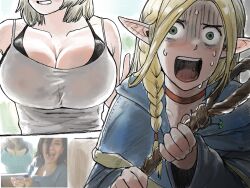 Rule 34 | 2girls, against glass, black bra, blonde hair, blue robe, blush, bra, braid, breast press, breasts, breasts on glass, choker, cleavage, closed mouth, co1fee, commentary, dungeon meshi, ear blush, elf, falin touden, falin touden (tallman), green eyes, grey hair, grin, hashtag-only commentary, highres, holding, holding staff, large breasts, long hair, marcille donato, medium hair, meme, multiple girls, open mouth, photo-referenced, pointy ears, red choker, reference inset, robe, screaming, shirt, single braid, smile, staff, sweat, underwear, white shirt, woman scared of breasts (meme)