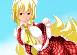 Rule 34 | 1girl, animal ears, ascot, blonde hair, blue background, blush, breasts, cosplay, female focus, fox ears, fox tail, kazami yuuka, kazami yuuka (cosplay), large breasts, merry (diameri), open mouth, plaid, plaid skirt, plaid vest, short hair, skirt, skirt set, solo, tail, touhou, vest, yakumo ran, yellow eyes