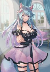 Rule 34 | 1girl, animal ears, bare shoulders, blue eyes, blue hair, breasts, cherry blossom hair ornament, cleavage, highres, large breasts, long hair, looking at viewer, nail polish, offering hand, see-through, see-through skirt, silvervale, skirt, smile, solo, tail, thigh strap, velvetsage028, virtual youtuber, vshojo, wolf ears, wolf girl, wolf tail