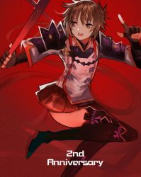 Rule 34 | 1girl, :o, absurdres, anniversary, armor, black thighhighs, brown hair, fingerless gloves, flat chest, gloves, gradient background, highres, long hair, lora (xenoblade), miniskirt, open mouth, pauldrons, ponytail, red background, red skirt, ribbon, short hair, shoulder armor, skirt, solo, tarbo (exxxpiation), thighhighs, xenoblade chronicles (series), xenoblade chronicles 2, xenoblade chronicles 2: torna - the golden country, yellow eyes