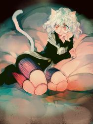 Rule 34 | 1girl, 1other, :3, animal ears, bed, bed sheet, buttons, cat ears, cat tail, closed mouth, doll joints, fingernails, hair between eyes, highres, hunter x hunter, joints, long sleeves, neferpitou, orange eyes, other focus, pillow, sharp fingernails, shoes, short hair, shorts, slit pupils, smile, socks, solo, tail, wavy hair, white hair, yukiumisaka