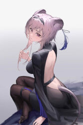 Rule 34 | 1girl, absurdres, animal ears, arknights, back, backless dress, backless outfit, bingdongluofeiyu, black dress, black pantyhose, breasts, dress, from behind, gradient background, grey background, highres, large breasts, lin (arknights), long hair, looking at viewer, looking back, medium breasts, mouse ears, mouse girl, mouse tail, no shoes, pantyhose, parted lips, pink hair, red eyes, sitting, solo, tail, thigh strap