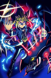 Rule 34 | 1boy, arm up, belt, belt collar, black hair, blonde hair, blue jacket, blue pants, card, collar, commentary, dragon, duel disk, duel monster, gandora the dragon of destruction, glowing, highres, holding, holding card, jacket, male focus, millennium puzzle, multicolored hair, muto yugi, open mouth, pants, purple eyes, raijin-bh, sharp teeth, spiked hair, teeth, twitter username, yellow eyes, yu-gi-oh!, yu-gi-oh! duel monsters