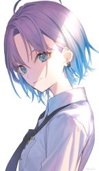 Rule 34 | 1girl, ahoge, asakura toru, black necktie, blue eyes, blue hair, breast pocket, closed mouth, collared shirt, earrings, from side, gradient hair, highres, idolmaster, idolmaster shiny colors, jewelry, looking at viewer, looking to the side, multicolored hair, necktie, pen, pocket, purple hair, shirt, short hair, simple background, smile, solo, ukimesato, upper body, white background, white shirt, wing collar