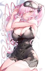 Rule 34 | 1girl, armpit crease, black nightgown, breasts, cleavage, covered navel, hair ornament, highres, hololive, hololive english, kamiya maneki, lace trim, large breasts, long hair, looking at viewer, lying, messy hair, mori calliope, mori calliope (sleepwear), nightgown, official alternate costume, on bed, on side, one eye closed, open mouth, pink hair, red eyes, rotated, signature, skull hair ornament, sleep mask, thighs, twintails, virtual youtuber