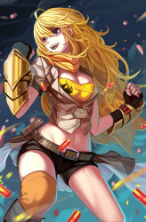 Rule 34 | 1girl, belt, black gloves, blonde hair, blue eyes, breasts, cleavage, fingerless gloves, gauntlets, gloves, highres, long hair, midriff, navel, nian (zhanian), open mouth, puffy short sleeves, puffy sleeves, rwby, scarf, shirt, short shorts, short sleeves, shorts, single thighhigh, smile, solo, strapless, thighhighs, tube top, very long hair, yang xiao long