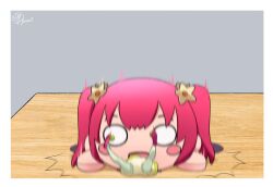 1girl :d ^^^ absurdres artist_name blush_stickers border character_doll commentary fallen_down flats full_body genjitsu_no_yohane green_pantyhose grey_background heavy highres kurosawa_ruby love_live! love_live!_sunshine!! mini_person minigirl motion_blur nesoberi open_mouth oversized_object pantyhose pink_footwear pink_hair ruby_(genjitsu_no_yohane) sidelocks signature simple_background ska.harumi smile solo two_side_up white_border wide_oval_eyes