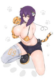 Rule 34 | 1girl, animal ears, animal hands, bikini, bikini top only, boots, bra, breasts, cleavage, denim, denim shorts, female focus, full body, ghost in the shell, ghost in the shell stand alone complex, highres, huge breasts, kusanagi motoko, libre, orange bikini, purple hair, red eyes, short hair, shorts, simple background, single thighhigh, solo, swimsuit, tail, thighhighs, thighs, tiger ears, tiger tail, underwear