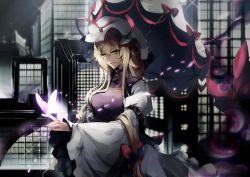 Rule 34 | 1girl, arm strap, armband, backlighting, bad id, bad twitter id, blonde hair, bow, breasts, bug, butterfly, butterfly on hand, city, city lights, cityscape, dress, gap (touhou), glowing, hair bow, hair up, hat, hat ribbon, holding, holding umbrella, insect, light particles, long hair, long sleeves, mob cap, no-kan, parasol, purple eyes, red bow, red ribbon, ribbon, ribbon trim, sidelocks, smile, solo, sparkle, tabard, touhou, umbrella, upper body, very long hair, white dress, wide sleeves, wind, yakumo yukari, yellow eyes