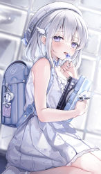 Rule 34 | 1girl, absurdres, backpack, bag, bag charm, bare arms, blue nails, blush, book, candy wrapper, charm (object), commentary request, dress, from side, grey hat, hat, highres, holding, holding book, jewelry, licking, looking at viewer, looking to the side, medium hair, nail polish, original, print dress, purple eyes, randoseru, ring, ring pop, silver hair, sitting, sleeveless, sleeveless dress, solo, tongue, tongue out, twitter username, white dress, wing hair ornament, yunmi 0527
