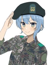 Rule 34 | 1girl, beret, black cat03, blue eyes, blue hair, commentary request, hat, highres, hololive, hoshimachi suisei, korean commentary, military uniform, multicolored eyes, republic of korea army, salute, solo, star (symbol), star in eye, symbol in eye, uniform, upper body, virtual youtuber, yellow eyes