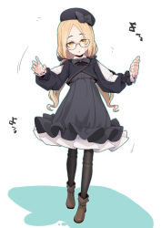 Rule 34 | 1girl, beret, black bow, black bowtie, black dress, black hat, black pantyhose, blonde hair, boots, bow, bowtie, commentary request, doll joints, dress, full body, glasses, hat, hat bow, head tilt, highres, joints, long hair, long sleeves, looking at viewer, ogami kazuki, orange eyes, original, pantyhose, parted bangs, parted lips, petticoat, semi-rimless eyewear, solo, standing, translation request, two-tone background, under-rim eyewear, white background, yellow-framed eyewear