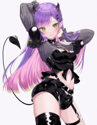 Rule 34 | 1girl, arms behind head, asymmetrical legwear, belt, black belt, black shirt, black shorts, black thighhighs, blush, breasts, cleavage, cleavage cutout, closed mouth, clothing cutout, colored inner hair, cowboy shot, cropped legs, curvy, demon girl, demon horns, demon tail, ear piercing, fishnet thighhighs, fishnets, frills, green eyes, grey hair, hair ornament, hairclip, highres, hololive, horns, latex, latex shirt, latex shorts, latex thighhighs, long hair, long sleeves, looking at viewer, medium breasts, midriff, mismatched legwear, multicolored hair, navel, piercing, pink hair, pointy ears, purple hair, runlan 0329, see-through, see-through sleeves, shirt, shorts, shoulder cutout, simple background, smile, tail, tail ornament, tail piercing, thick thighs, thigh strap, thighhighs, thighs, tokoyami towa, upper body, virtual youtuber, white background, zettai ryouiki