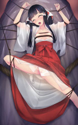 Rule 34 | 1girl, arms up, bdsm, black hair, blunt bangs, blush, bondage, bound, bound wrists, breasts, censored, closed eyes, clothes lift, f-ism, female focus, hair ornament, hakama, hakama lift, hakama skirt, highres, hip vent, japanese clothes, kimono, leg lift, long hair, miko, murakami suigun, nipples, no bra, no panties, open clothes, open kimono, open mouth, original, pussy, red hakama, rope, see-through, shibari, skirt, small breasts, solo, spread legs, sweat, tears, twintails, wet, wet clothes, wide sleeves