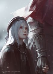 Rule 34 | 1boy, 1girl, artist name, blurry, blurry background, breath, brown shirt, cape, cloak, commentary, copyright name, dark souls (series), dark souls iii, dated, depth of field, gauntlets, grey hair, hat, highres, holding, holding hands, jlien-, long hair, looking up, painting woman, parted lips, red cape, red eyes, shirt, slave knight gael, slit pupils, solo focus, teeth, torn clothes, upper body, upper teeth only
