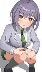 Rule 34 | 1girl, bang dream!, bang dream! it&#039;s mygo!!!!!, black footwear, collared shirt, commentary, green necktie, green skirt, green socks, grey jacket, haneoka school uniform, highres, holding, holding rock, jacket, loafers, long sleeves, looking at viewer, necktie, orange eyes, parted lips, plaid, plaid skirt, purple hair, rock, school uniform, shadow, shirt, shoes, short hair, simple background, skirt, socks, solo, squatting, takamatsu tomori, tonbo picture, white background, white shirt