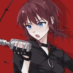 Rule 34 | 1girl, black choker, black gloves, black shirt, blue eyes, chinese commentary, choker, commentary request, fingerless gloves, girls band cry, gloves, highres, holding, holding microphone, iris769675331, iseri nina, microphone, music, open mouth, red background, red hair, shirt, short twintails, singing, solo, twintails, upper body