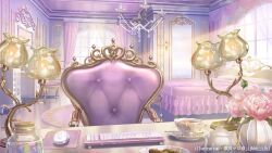 Rule 34 | armchair, artist name, bed, bedroom, blanket, cabinet, candy, candy jar, chair, chandelier, checkerboard cookie, cookie, cup, curtains, day, flower, food, highres, himeno aimu, indie virtual youtuber, indoors, jar, keyboard (computer), lamp, mouse (computer), mousepad (object), muntins, no humans, official art, pillow, pink flower, pink rose, plate, rose, rug, saucer, scenery, stool, sugawa mako, sunlight, table, tea, teacup, teapot, teaspoon, vanity table, vase, wall lamp, window