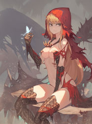 Rule 34 | 1girl, bare shoulders, between legs, bone, breasts, bug, butterfly, cape, capelet, cleavage, closed mouth, commentary request, dragon girl, glowing butterfly, grey eyes, hand between legs, highres, hood, hood up, insect, long hair, looking at viewer, medium breasts, monster hunter, monster hunter: world, monster hunter (series), navel, necklace, personification, red capelet, red hood, scales, sitting, smile, solo, tooth necklace, torn cape, torn clothes, vaal hazak, very long hair, xuan (pixiv31113827)