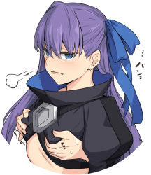 Rule 34 | 1girl, blue eyes, grabbing another&#039;s breast, breasts, fang, fate/extra, fate/extra ccc, fate (series), grabbing, grabbing from behind, hair ribbon, long hair, long sleeves, looking at viewer, meltryllis (fate), puffy sleeves, purple hair, ribbon, shiseki hirame, sigh, simple background, small breasts, solo focus, very long hair, white background