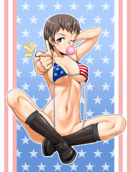 Rule 34 | 1girl, american flag background, american flag bikini, american flag print, armpit peek, bikini, blowing bubbles, blush, boots, bottomless, breasts, brown eyes, brown hair, collarbone, commission, covered erect nipples, crossed legs, flag print, freckles, girls und panzer, groin, large breasts, looking at viewer, naomi (girls und panzer), navel, one eye closed, oosaka kanagawa, pixiv commission, pointing, pointing at viewer, print bikini, short hair, simple background, solo, swimsuit