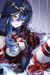 Rule 34 | 1girl, absurdres, bare shoulders, black dress, black gloves, blue hair, blue hood, blue sleeves, bow, breasts, bright pupils, claw ring, commentary request, crystal, detached sleeves, dress, drill hair, drill sidelocks, genshin impact, gloves, gold trim, hair between eyes, hand up, highres, holding, holding ribbon, hood, hood up, knee up, kuro (rudyan0128), layla (genshin impact), long hair, medium breasts, pants, parted lips, purple background, red bow, red ribbon, ribbon, sidelocks, sitting, smile, solo, thighlet, thighs, white pants, white pupils, yellow eyes