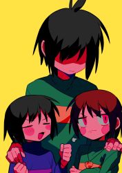 Rule 34 | 1boy, 1girl, 1other, black hair, blue shirt, brown hair, chara (undertale), clenched hands, closed eyes, closed mouth, deltarune, fingernails, frisk (undertale), frown, green shirt, hair over eyes, hand on another&#039;s shoulder, heart, heart necklace, highres, jewelry, kris (deltarune), long sleeves, marking on cheek, menma (enaic31), necklace, open mouth, pink eyes, shaded face, shirt, short hair, striped clothes, striped shirt, undertale, yellow background