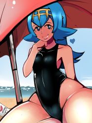 Rule 34 | 1girl, aged up, alternate hairstyle, bare shoulders, beach, blue hair, breasts, covered navel, creatures (company), curvy, female focus, game freak, hair ornament, heart, hip focus, lana (pokemon), lips, long hair, looking at viewer, lotion, nintendo, ocean, one-piece swimsuit, pokemon, pokemon sm, shiny skin, sitting, smile, solo, sweat, swimsuit, thighs, umbrella