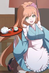 Rule 34 | 1girl, :d, adapted costume, apron, blue kimono, bow, breasts, brown hair, brown thighhighs, cowboy shot, cup, danganronpa (series), danganronpa 3 (anime), floating hair, frilled apron, frills, green eyes, hair bow, high ponytail, highres, holding, holding plate, japanese clothes, kimono, long hair, long sleeves, looking at viewer, maid, medium breasts, open mouth, plate, purple bow, short kimono, sketti, smile, solo, standing, standing on one leg, swept bangs, teacup, teapot, thighhighs, very long hair, wa maid, white apron, wide sleeves, yukizome chisa, zettai ryouiki