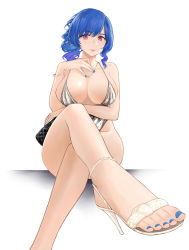 Rule 34 | 1girl, absurdres, azur lane, bag, bare shoulders, blue hair, blue nails, breasts, cl (summer sama), cleavage, crossed legs, dress, feet, foot focus, foreshortening, halter dress, halterneck, handbag, high heels, highres, jewelry, large breasts, long hair, looking at viewer, nail polish, necklace, pink eyes, plunging neckline, revealing clothes, side ponytail, sidelocks, silver dress, sitting, solo, st. louis (azur lane), st. louis (luxurious wheels) (azur lane), toenail polish, toenails, toes