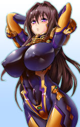 Rule 34 | 1girl, black bodysuit, blush, bodysuit, breasts, brown hair, commission, covered erect nipples, covered navel, fortified suit, highres, huge breasts, impossible bodysuit, impossible clothes, kiyukisuke, lips, long hair, looking at viewer, muv-luv, muv-luv alternative, muv-luv total eclipse, parted lips, pilot suit, pixiv commission, purple eyes, shiny clothes, skin tight, solo, standing, takamura yui