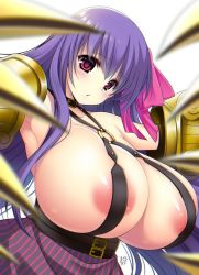 Rule 34 | 10s, 1girl, areola slip, bare shoulders, belt buckle, belt collar, blush, breasts, buckle, claws, cleavage, collar, commentary request, criss-cross halter, fate/extra, fate/extra ccc, fate (series), gigantic breasts, hair ribbon, halterneck, huge breasts, long hair, looking at viewer, looking to the side, o-ring, o-ring top, parted lips, passionlip (fate), pink eyes, pink ribbon, puffy shorts, purple hair, ribbon, shorts, signature, simple background, solo, striped clothes, striped legwear, striped shorts, suzuki nene, vertical-striped legwear, very long hair, white background