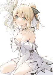 Rule 34 | 1girl, ahoge, artoria pendragon (all), artoria pendragon (fate), bare shoulders, between legs, blonde hair, boots, bow, breasts, collarbone, commentary request, dress, elbow gloves, fate/grand order, fate (series), flower, gloves, green eyes, hair bow, hand between legs, highres, holding, holding flower, juliet sleeves, kamiowl, knee boots, long sleeves, looking at viewer, pleated skirt, puffy sleeves, saber lily, simple background, sitting, skindentation, skirt, smile, solo, wariza, white background, white dress, white gloves, white skirt