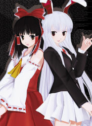 Rule 34 | 2girls, 3d, :d, animal ears, arm up, ascot, back-to-back, bare shoulders, black hair, blazer, bow, breasts, brown eyes, capelet, dress shirt, enjou yukito, female focus, hair bow, hakurei reimu, jacket, large bow, looking at viewer, medium breasts, miniskirt, multiple girls, necktie, open mouth, own hands together, pink hair, pleated skirt, pointing, rabbit ears, red eyes, reisen udongein inaba, shirt, skirt, skirt set, smile, text focus, touhou, vest