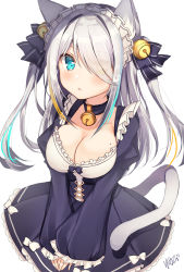 Rule 34 | 1girl, :o, animal ears, bell, black bow, black collar, black dress, blonde hair, blue eyes, blue hair, blush, bow, breasts, brown eyes, cat ears, cat girl, cat tail, cleavage, collar, commentary request, dress, eyes visible through hair, frilled sleeves, frills, hair bell, hair bow, hair ornament, hair over one eye, heart, heterochromia, highres, jingle bell, juliet sleeves, long sleeves, medium breasts, multicolored hair, neck bell, nenobi (nenorium), original, own hands together, parted lips, puffy sleeves, signature, simple background, sleeves past wrists, solo, streaked hair, tail, two side up, v arms, white background, white bow