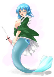 Rule 34 | 1girl, animal penis, blouse, blue eyes, blue hair, blush, breasts, breasts out, censored, cleavage, cum, dolphin penis, dress, drooling, ejaculation, fins, futanari, futanari masturbation, green shirt, head fins, japanese clothes, kimono, kirisaki byakko, large breasts, large penis, masturbation, matching hair/eyes, mermaid, monster girl, nipples, open clothes, open dress, open mouth, partially undressed, penis, projectile cum, shirt, solo, tongue, tongue out, touhou, wakasagihime, webbed hands