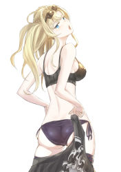 Rule 34 | 10s, 1girl, absurdres, ass, back, bare arms, bare shoulders, bikini, black-framed eyewear, black ribbon, blonde hair, blue eyes, breasts, commentary request, cowboy shot, emoshon, eyewear on head, from behind, granblue fantasy, highres, holding, legs together, long hair, looking back, medium breasts, open mouth, ribbon, sarong, shoulder blades, side-tie bikini bottom, sideboob, simple background, skindentation, solo, standing, strap gap, sunglasses, swimsuit, thigh strap, tsurime, twintails, undressing, white background, zeta (dark) (granblue fantasy), zeta (granblue fantasy)