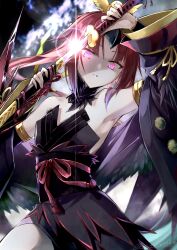 Rule 34 | 1girl, arm guards, armpits, benienma (fate), benienma alter (fate), bird hair ornament, black dress, blush, breasts, detached collar, detached sleeves, dress, fate/grand order, fate (series), feather-trimmed sleeves, feather trim, glowing, glowing eyes, hair ornament, highres, katana, kino kokko, long hair, looking at viewer, low ponytail, obi, parted bangs, red eyes, red hair, sash, short dress, small breasts, solo, sword, very long hair, weapon