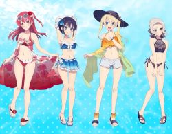 Rule 34 | 4girls, armpits, bare arms, bare legs, bare shoulders, belly, bikini, blonde hair, blue eyes, blue hair, blue one-piece swimsuit, blush, breasts, cleavage, collarbone, colored skin, flower, hair ornament, hair ribbon, happy, hat, highres, hoshizaki rika (kanojo mo kanojo), kanojo mo kanojo, kiryuu shino, large breasts, long hair, looking at viewer, medium breasts, medium hair, minase nagisa, multiple girls, navel, official art, one-piece swimsuit, open mouth, promotional art, purple eyes, purple one-piece swimsuit, red eyes, red hair, red one-piece swimsuit, ribbon, saki saki (kanojo mo kanojo), sandals, short shorts, shorts, silver hair, small breasts, smile, standing, standing on one leg, sun hat, sunglasses, swimsuit, thighs, toes, twintails, white skin