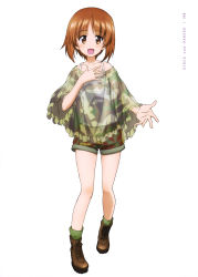 Rule 34 | 10s, 1girl, absurdres, bra, brown hair, camouflage, camouflage shorts, collarbone, copyright name, eyebrows, full body, girls und panzer, green socks, highres, nishizumi miho, open mouth, see-through, short hair, shorts, simple background, socks, solo, underwear, white background, white bra