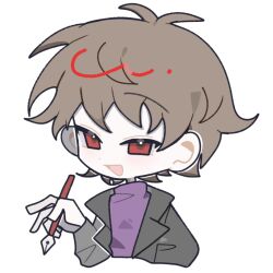 Rule 34 | 1boy, animated, animated gif, black jacket, blood, brown hair, chinese commentary, commentary request, dlam1, harada minoru, holding, holding pen, jacket, long sleeves, male focus, open clothes, open jacket, open mouth, pale skin, pen, purple sweater, red eyes, saibou shinkyoku, short hair, simple background, smile, solo, sweater, turtleneck, turtleneck sweater, upper body, white background