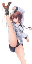 Rule 34 | 1girl, blue one-piece swimsuit, brown eyes, brown hair, butter curry, cameltoe, high heels, high kick, highres, hood, hoodie, kantai collection, kicking, kneepits, leg lift, leg up, long sleeves, name tag, one-piece swimsuit, rudder footwear, school swimsuit, short hair, solo, speaking tube headset, split, standing, standing on one leg, standing split, swimsuit, swimsuit under clothes, white hoodie, yukikaze (kancolle)