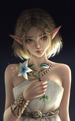 Rule 34 | 1girl, artist name, bare shoulders, blonde hair, bracelet, commentary, commission, crying, dress, english commentary, fantasy, flower, gradient background, hair ornament, hairclip, highres, holding, holding flower, icezimy, jewelry, lily (flower), looking at viewer, necklace, nintendo, off-shoulder dress, off shoulder, pointy ears, portrait, princess zelda, simple background, solo, straight-on, strapless, strapless dress, streaming tears, tears, the legend of zelda, the legend of zelda: tears of the kingdom, triforce, white dress