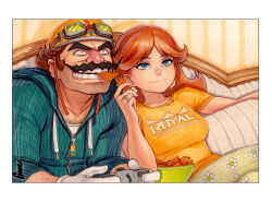 Rule 34 | 1boy, 1girl, artist name, bad tag, beard stubble, blue eyes, border, bowl, breasts, brown hair, casual, chest hair, closed mouth, collarbone, commentary, constricted pupils, controller, couch, crossed legs, doritos, drawstring, earrings, english commentary, eyelashes, facial hair, feeding, flipped hair, floral print, flower earrings, game console, game controller, giving food, gloves, goggles, goggles on headwear, green hoodie, green pajamas, grin, helmet, highres, holding, holding controller, holding game controller, hood, hood down, hoodie, jewelry, leaning forward, light smile, long sleeves, looking afar, looking ahead, mario (series), marker (medium), medium breasts, medium hair, mouth hold, mustache, nintendo, nintendo 64, nose, omar dogan, on couch, orange helmet, pajamas, pants, parted bangs, pillow, playing games, princess daisy, ring, sharing food, shirt, short sleeves, side-by-side, signature, smile, striped clothes, striped pants, striped shirt, stubble, t-shirt, thick eyebrows, traditional media, upper body, vertical-striped clothes, vertical-striped pants, vertical-striped shirt, wallpaper (object), wario, warioware, wedding ring, white border, white gloves, white undershirt, yellow shirt