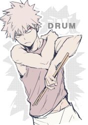 Rule 34 | 1boy, bakugou katsuki, bare arms, boku no hero academia, brown tank top, cai (caiirocai), closed mouth, commentary request, drumsticks, frown, hand on own shoulder, holding, holding drumsticks, looking to the side, male focus, pale color, pants, red eyes, short hair, solo, spiked hair, tank top, white background