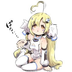 Rule 34 | 1girl, :o, ahoge, arm support, azur lane, bad id, bad pixiv id, bare shoulders, blonde hair, blush, brown eyes, character name, clothes writing, collarbone, commentary request, detached sleeves, dress, eldridge (azur lane), facial mark, hair between eyes, hair ornament, hairclip, heart, heart ahoge, holding, holding jewelry, holding ring, jewelry, long hair, long sleeves, low twintails, parted lips, puffy long sleeves, puffy sleeves, ring, shadow, shoes, sitting, sleeveless, sleeveless dress, solo, thighhighs, translation request, twintails, u-non (annon&#039;an), very long hair, white background, white dress, white footwear, white sleeves, white thighhighs, yokozuwari