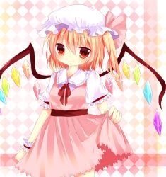 Rule 34 | 1girl, alternate costume, bad id, bad pixiv id, blonde hair, checkered background, dress, flandre scarlet, gradient background, hat, hat ribbon, highres, looking at viewer, mob cap, ominome, pink dress, red eyes, ribbon, sash, short hair, short sleeves, side ponytail, skirt hold, smile, solo, touhou, wings, wrist cuffs
